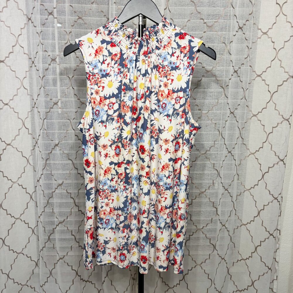 Floral High Neck Sleeveless Blouse | Smocked Neckline